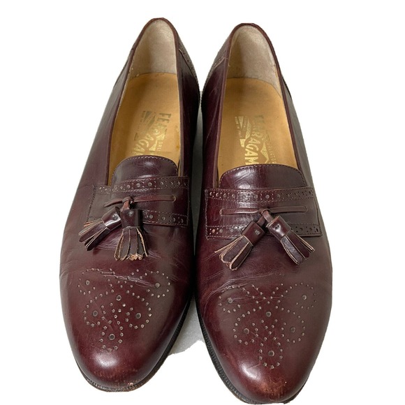 Salvatore Ferragamo Brogue Burgundy Brown Leather Tassle Loafer Shoes Men 8.5 D main image 5